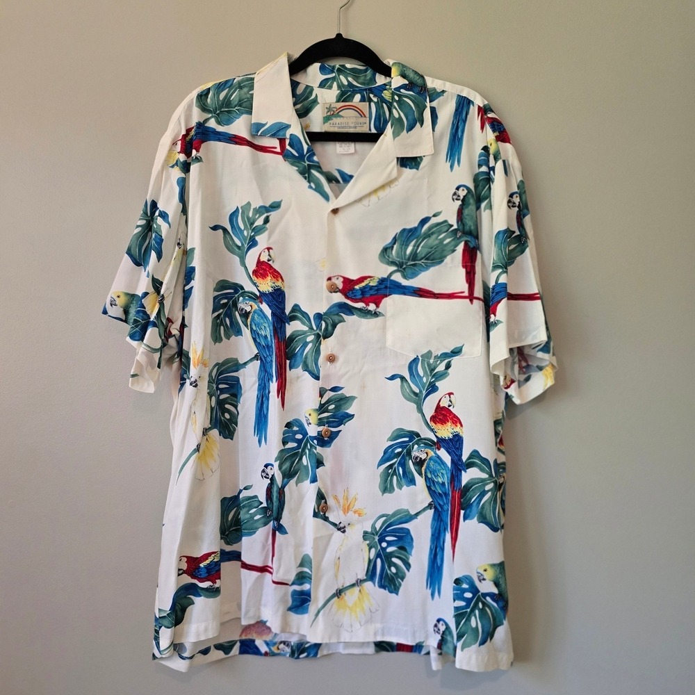 Paradise Found Aloha Shirt XL White Parrot Macaw Tropical Rayon Magnum PI Style